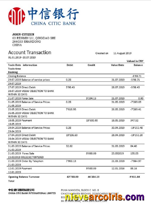 China Citic Bank Corp bank statement